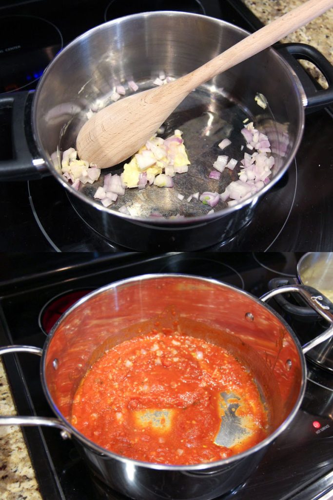 Photo collage showing how to prepare the red sauce.
