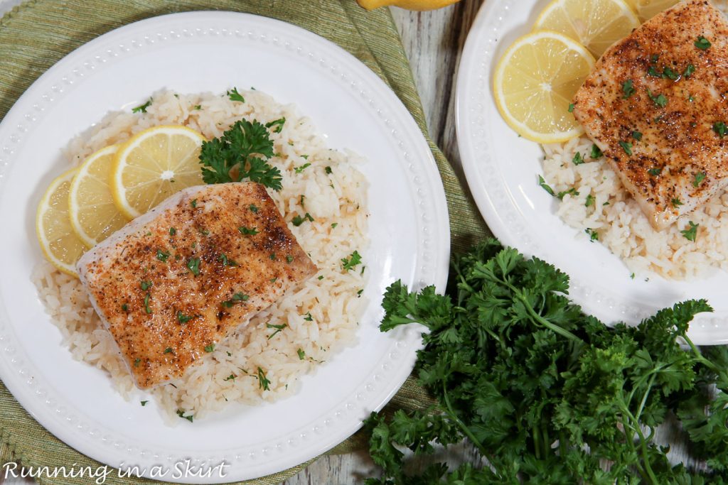 Air Fryer Mahi Mahi overhead shot on white plate.