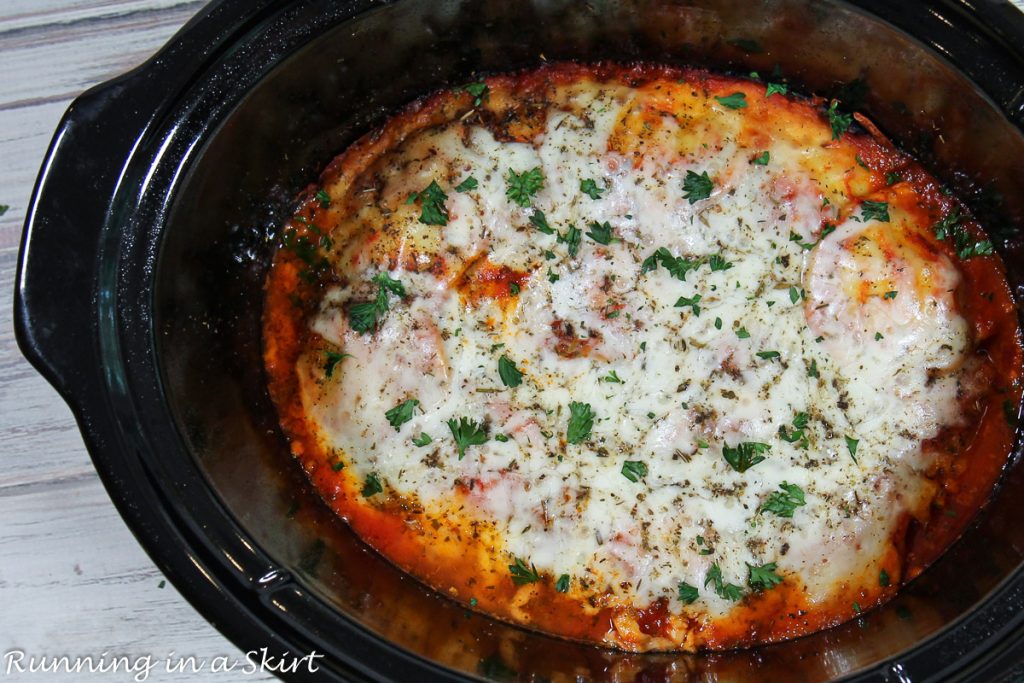 Crockpot Ravioli Lasagna in a slow cooker.