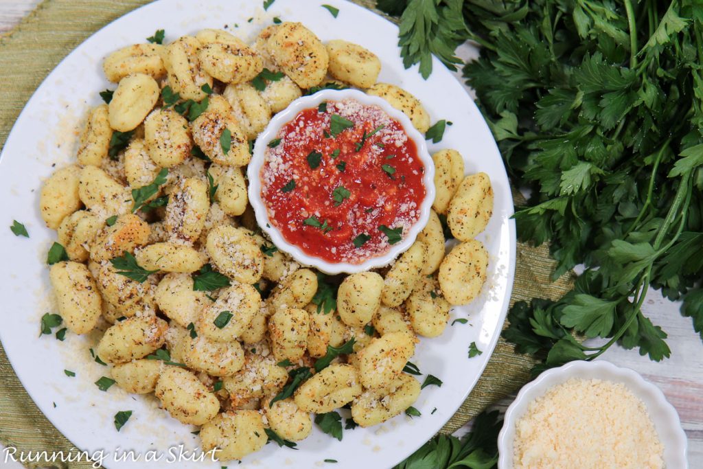 Air Fryer Gnocchi overhead shot on a white plate.