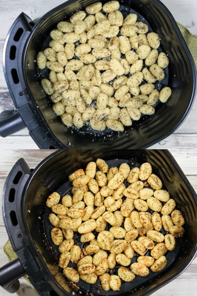 Process photo collage showing how to cook the gnocchi in the air fryer.