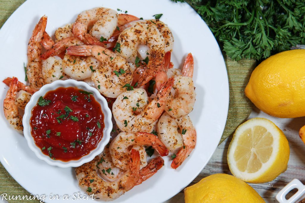 Frozen Shrimp in Air Fryer overhead shot.