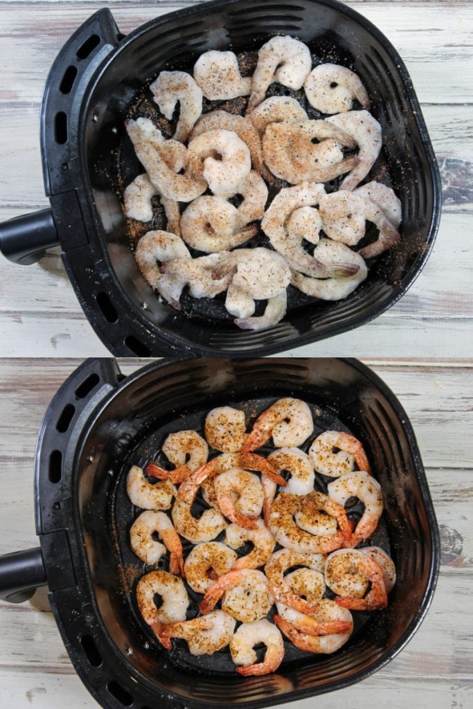 Frozen Shrimp in Air Fryer process photos showing before and after cooking.