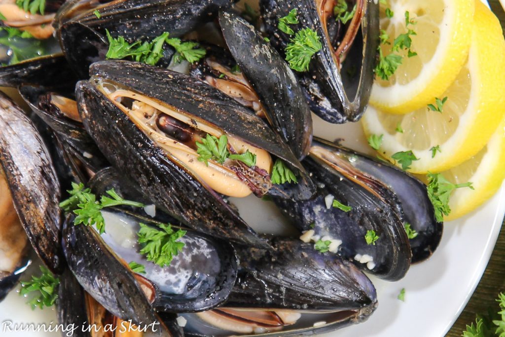 Mussels in White Wine Sauce close up.
