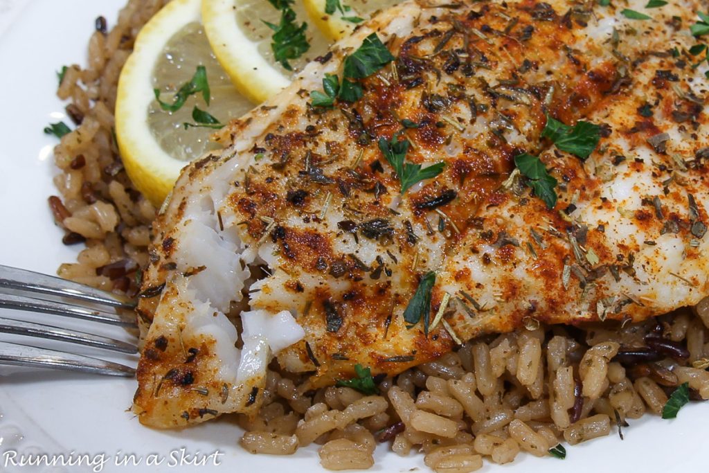 Air Fryer Flounder close up with fish flaking.