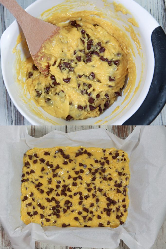 Process photo showing how to mix and set the cookie bars.