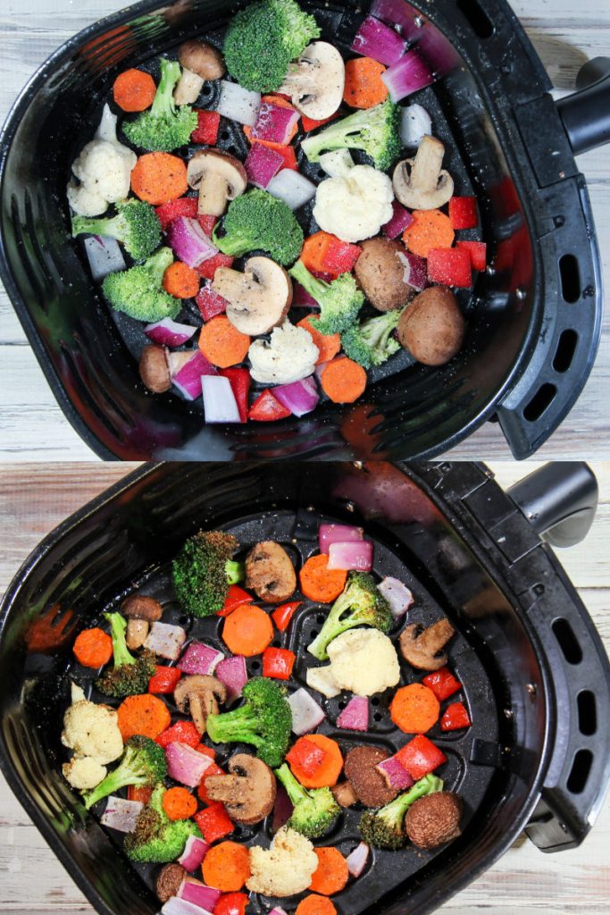 Process photos showing before and after cooking the air fryer vegetables.