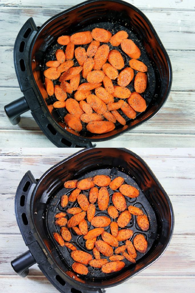 Process photo collage showing how to make the carrots in the air fryer.