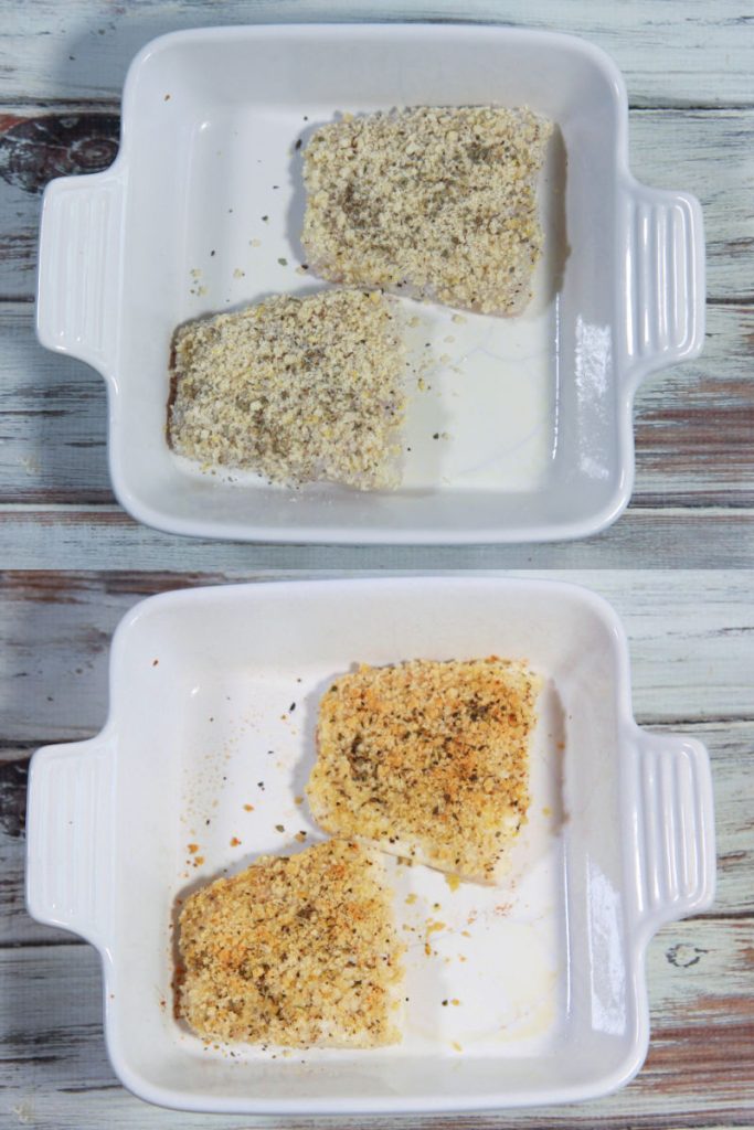 Process photo collage showing how to bake the fish.