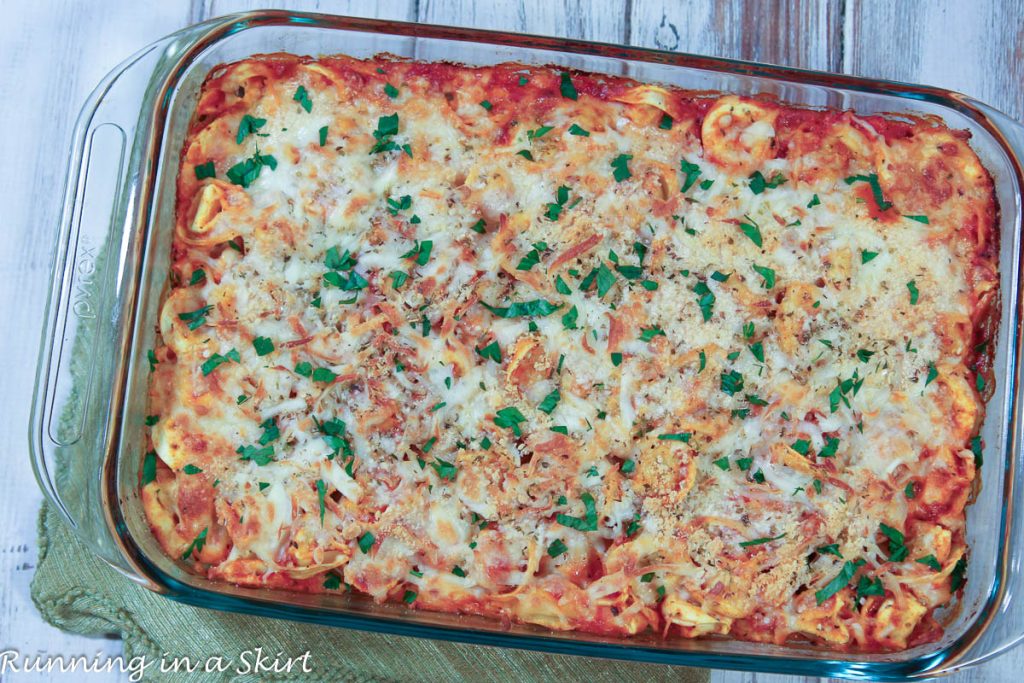Tortellini Pasta Bake recipe in a baking dish.