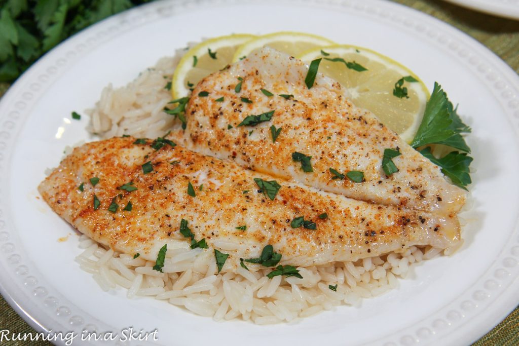 Baked Flounder recipe on a plate.