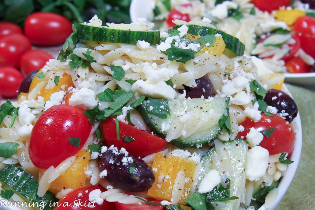 Greek Orzo Pasta Salad in a bowl.