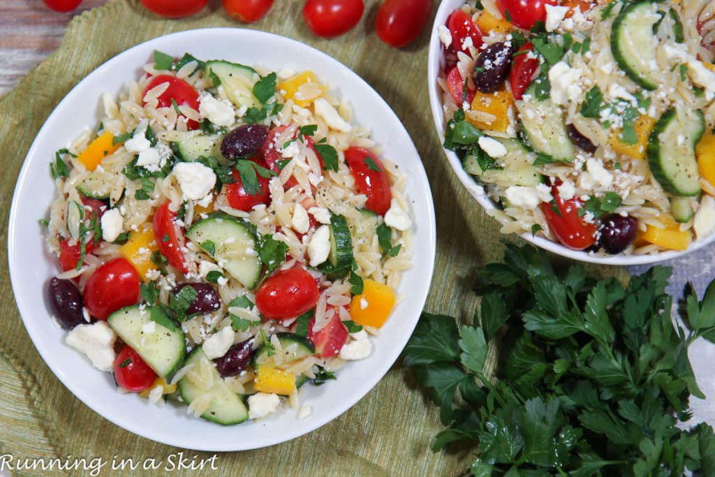 Greek Orzo Pasta Salad overhead shot.