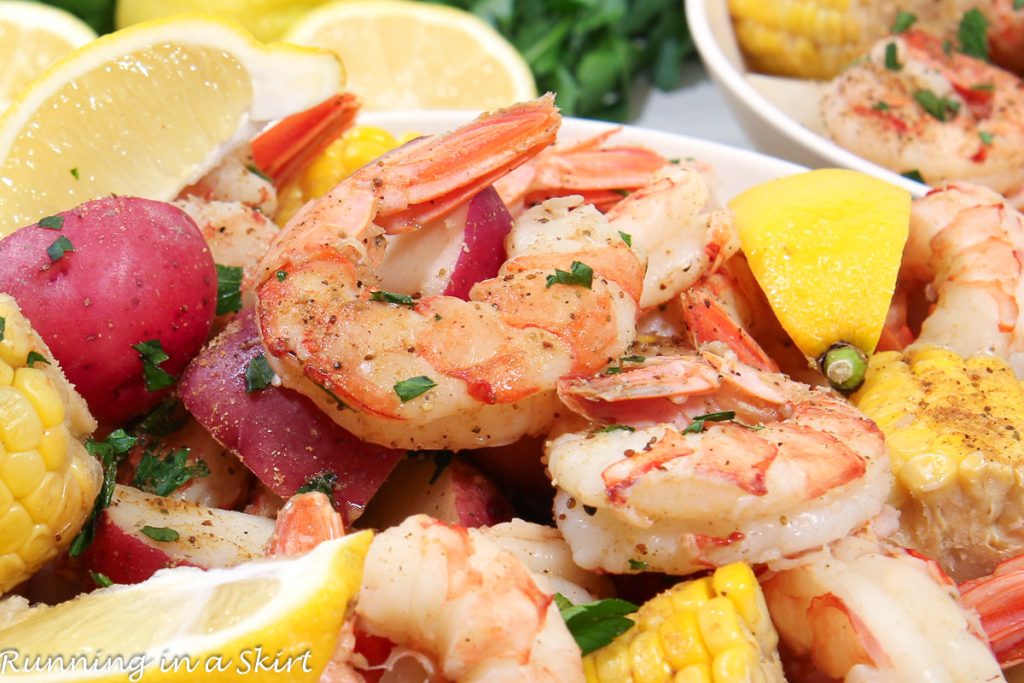 Close up of shrimp using shrimp boil seasoning.