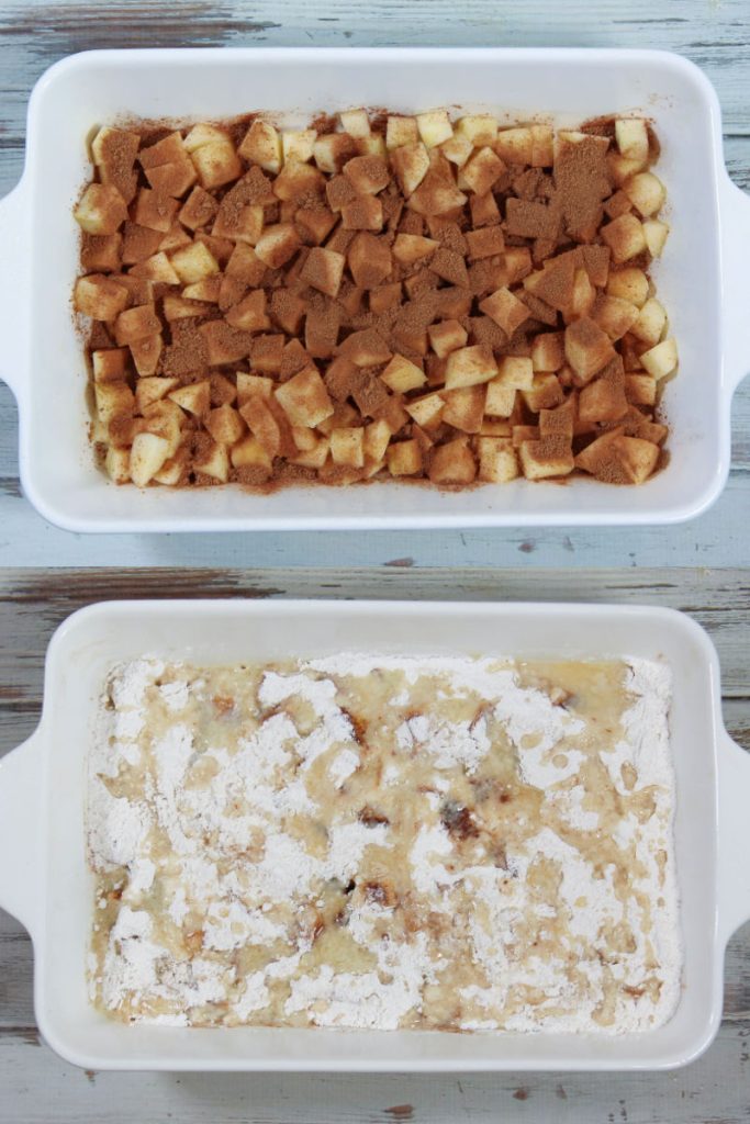 Process photo collage showing how to layer the Apple Dump Cake.