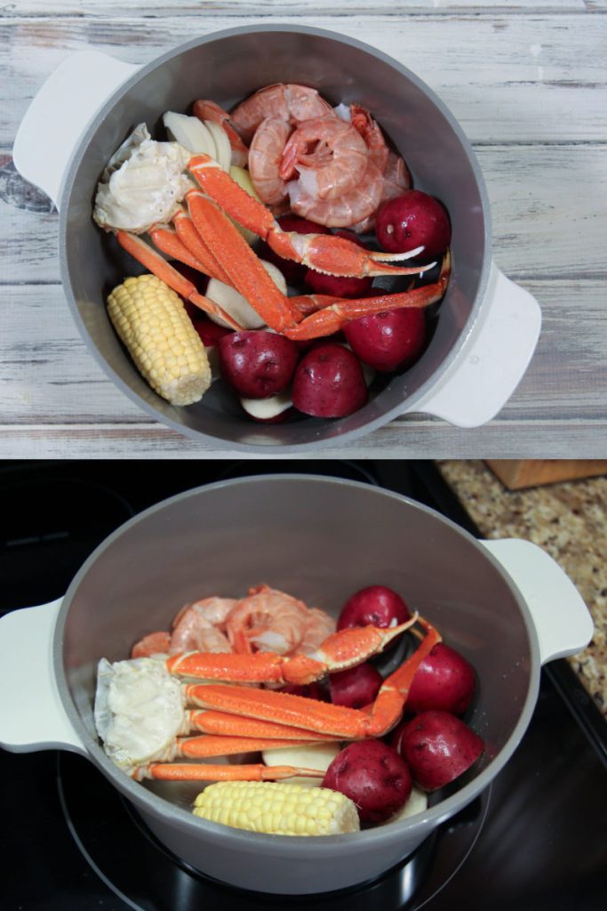 Shrimp and Crab Boil process photo collage showing how to prepare the dish.