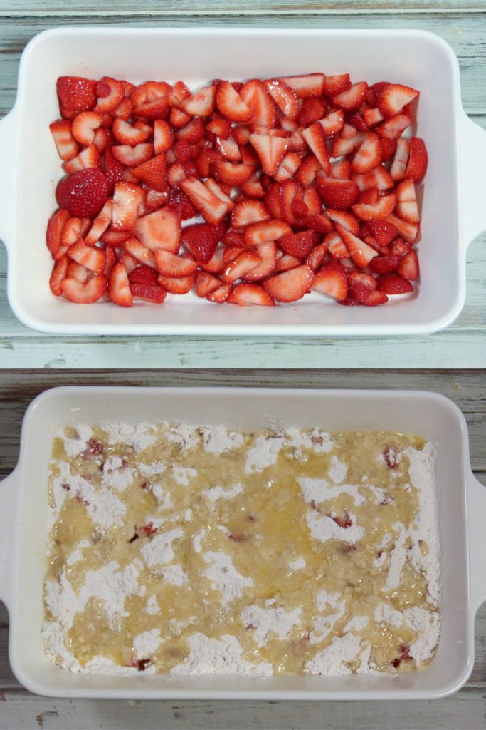 Process photo collage showing how to assemble the Strawberry Dump Cake.
