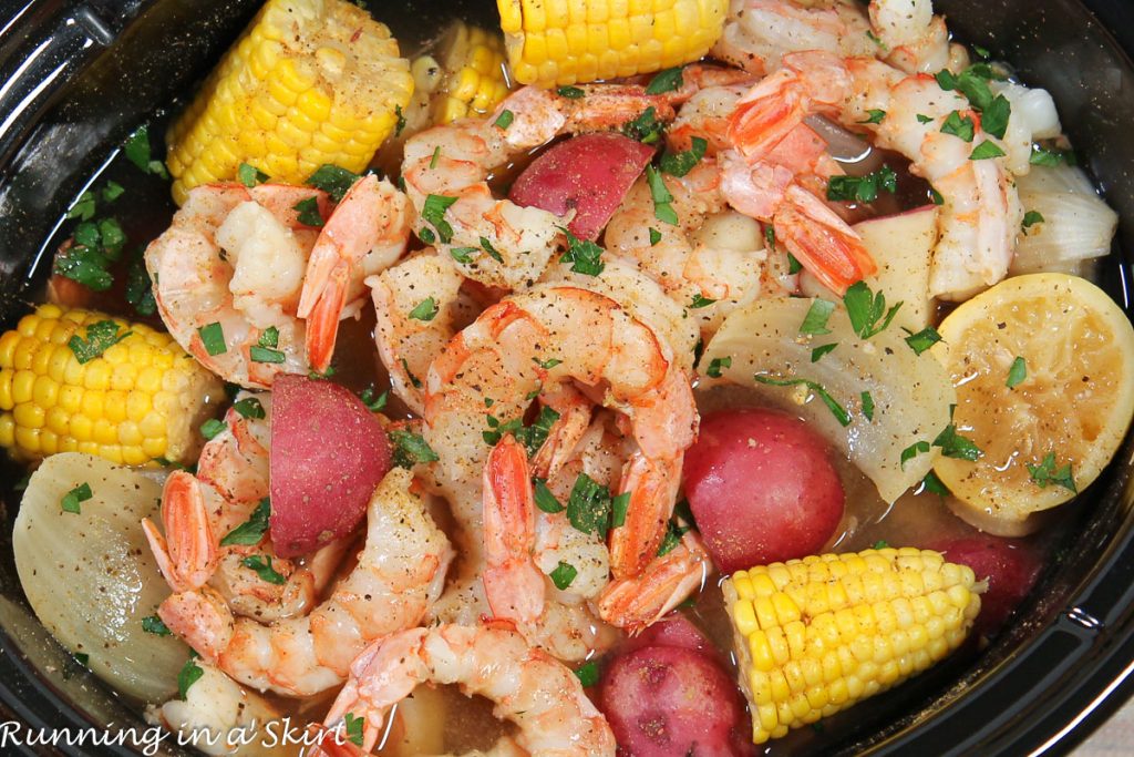 Crock Pot Shrimp Boil in a crock pot.
