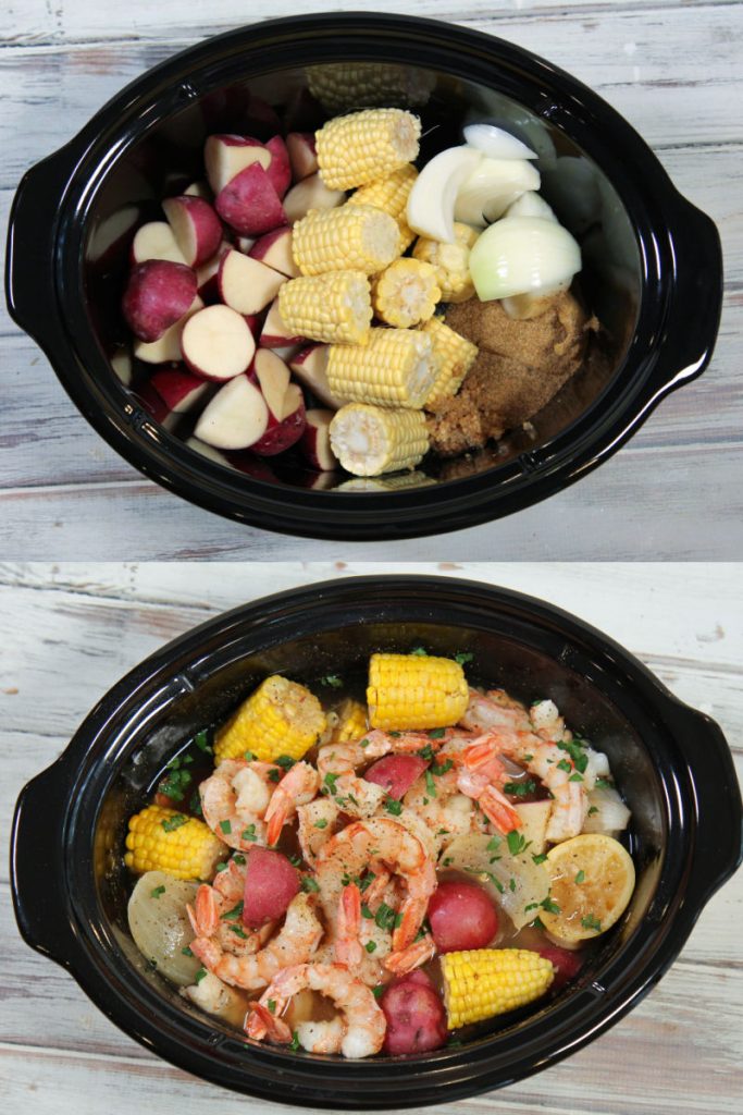 Process photo collage showing before and after in making Crock Pot Shrimp Boil.