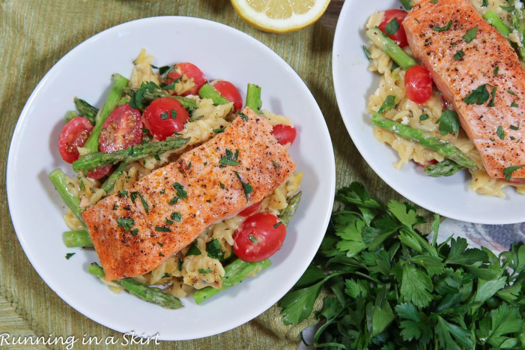 Salmon Orzo Pasta overhead shot.