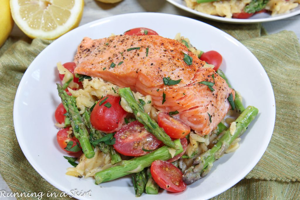 Salmon Orzo Pasta on a plate.