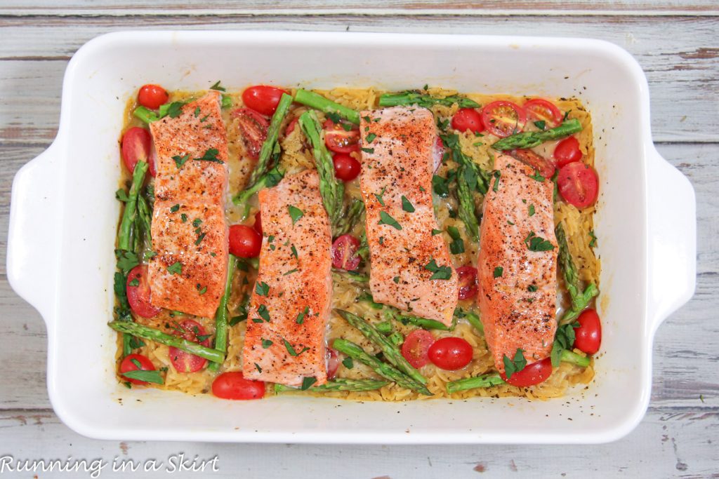 Salmon Orzo Pasta in a baking dish.