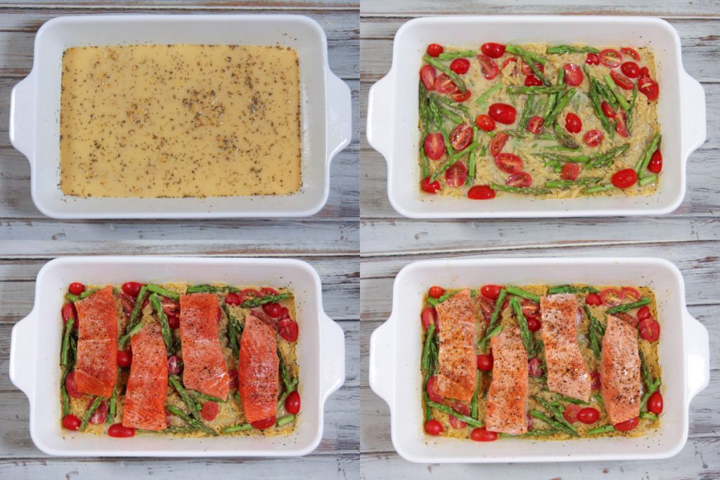 Process photos collage showing how to make the Salmon Orzo Pasta.