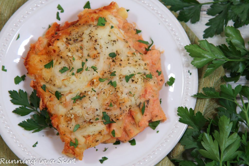 Vegetarian Baked Ziti overhead shot.